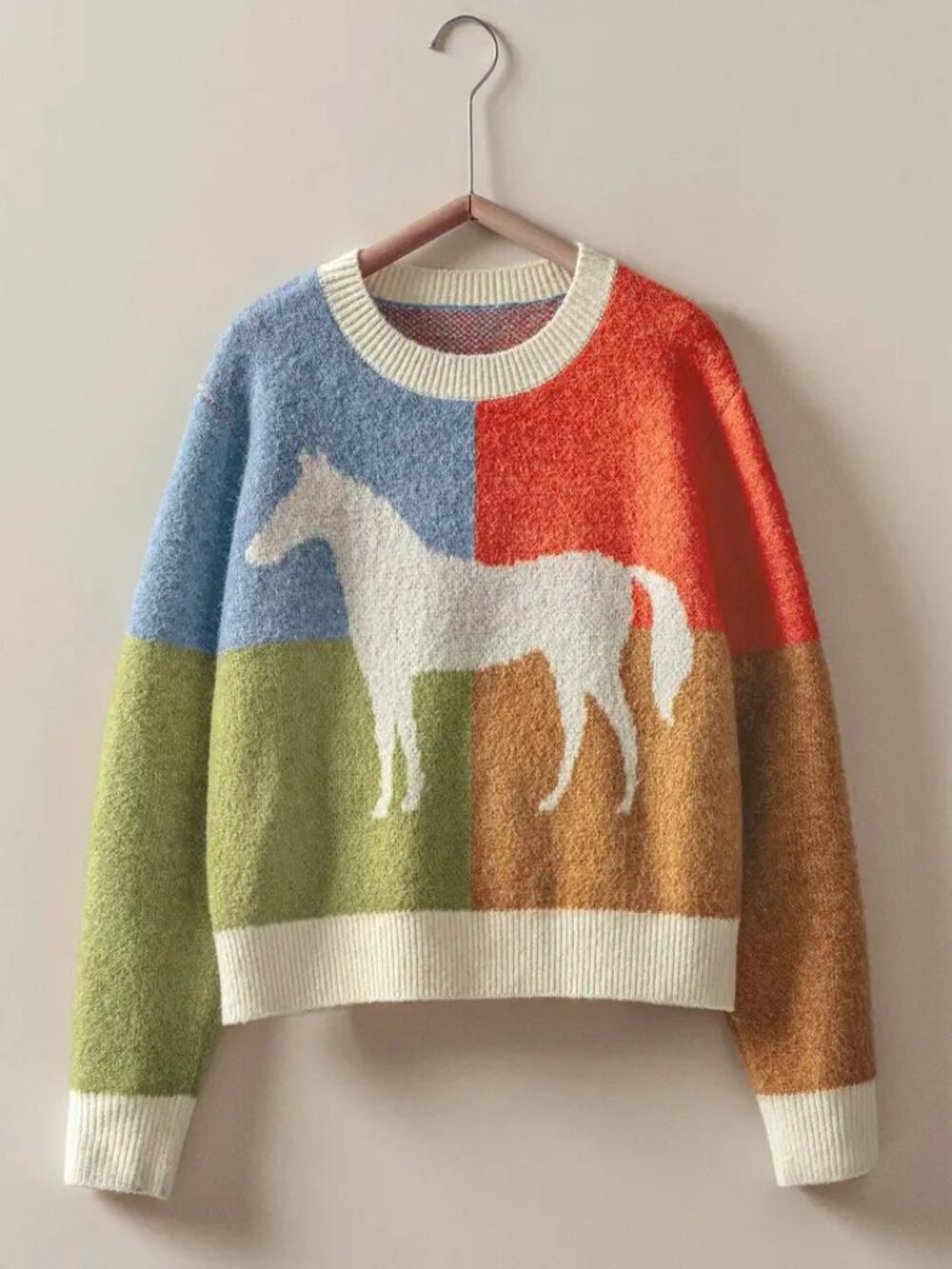 Colorblock Horse Intarsia Graphic Sweater NEW